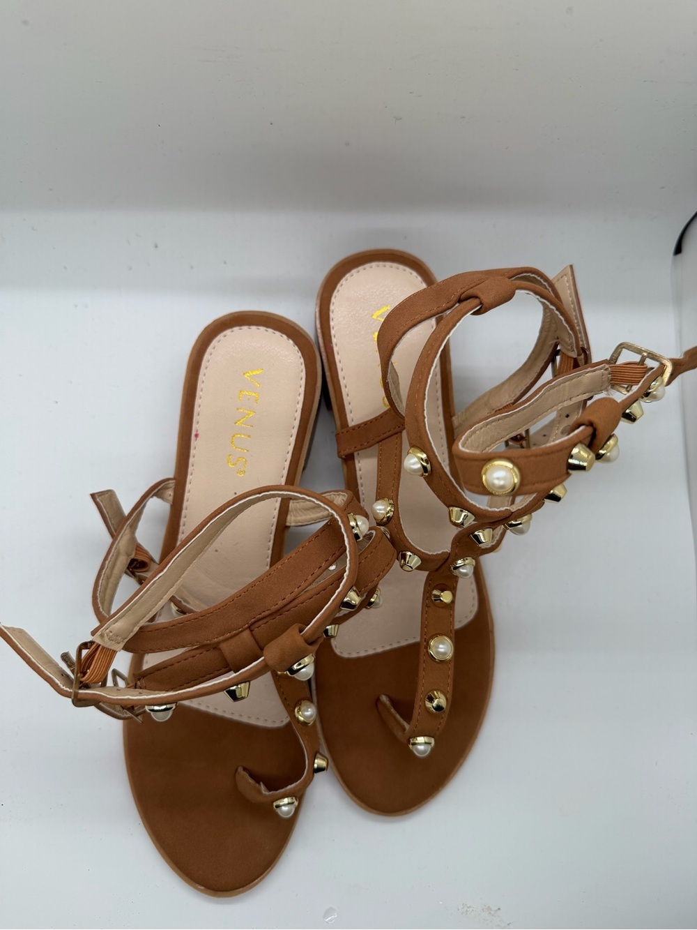 VENUS Brown Gladiator Sandals with Pearl & Gold Studs
